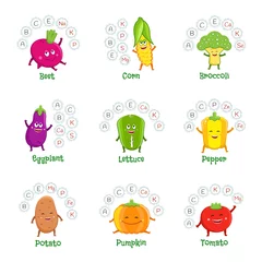 Fotobehang Funny vegetable characters with vitamins and minerals. Healthy food icons set © teneresa