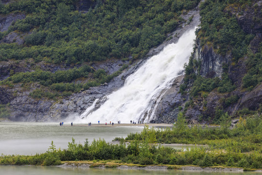 Nugget Falls Cascade, elevated view from Mendenhall Glacier Visitor Centre, Tongass National Forest, Juneau, Alaska