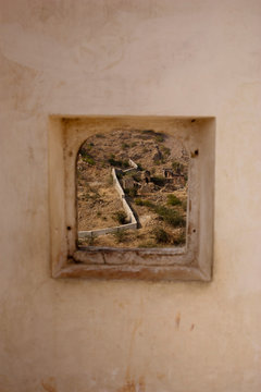 Window view on landscape at Tiger fort in Jaipur India