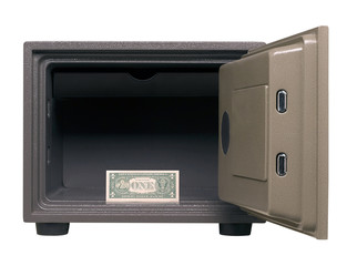 A modern safe with an open door and a dollar bill.