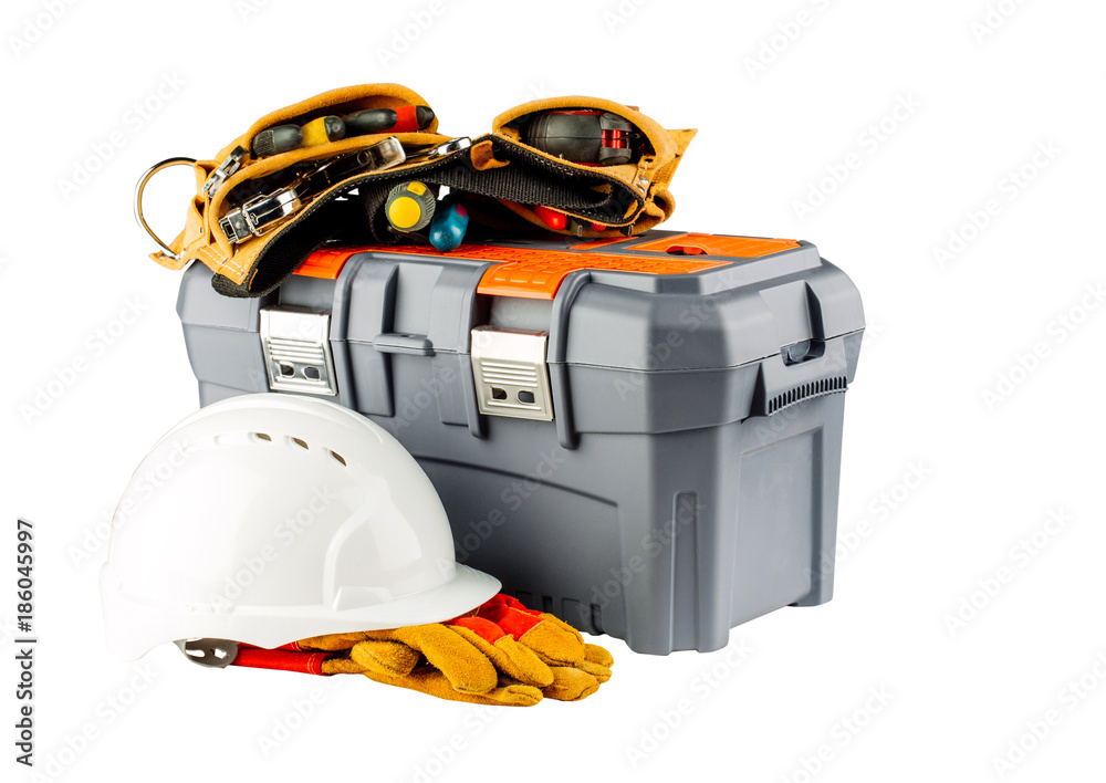 Wall mural Tool box  with white helmet and yellow gloves isolated on white background