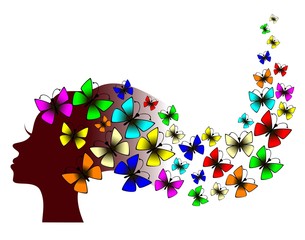 silhouette of beautiful girl with bright butterflies