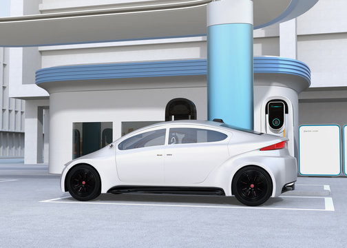 Side view of electric sedan charging at charging station. 3D rendering image.