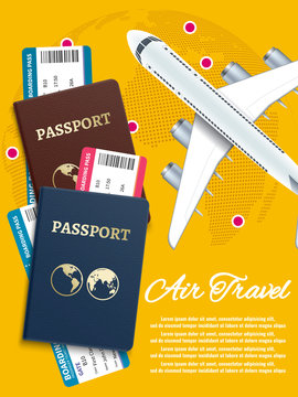 Air travel banner with world globe airline tickets - international vacation concept