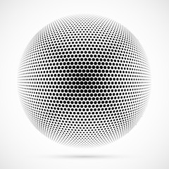 White 3D vector halftone sphere.Dotted spherical background.Logo template with shadow.Circle dots isolated on the white background.