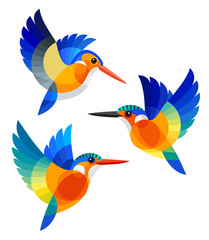 Stylized Birds - White-bellied Kingfisher, Malagasy Kingfisher and Malachite Kingfisher in flight