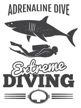 Grunge vintage diving poster design with shark and diver man