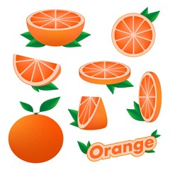 Set of fresh citrus sliced and whole orange with skin with green leaves on a white background. The concept of healthy eating. 