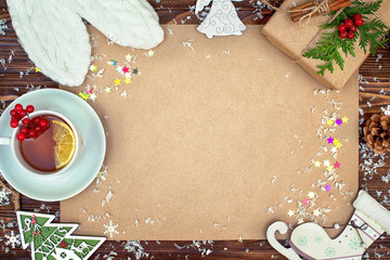 Christmas background.Xmas festive card,letter for Santa.Top view.Kraft paper for holiday greetings.New Year , holidays concept.