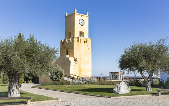 Clock Tower of the castle in Moura city, District of Beja, Portugal
