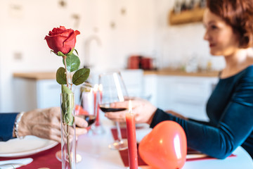 Mature couple having a romantic dinner at home for valentine’s day and doing toast with red wine .