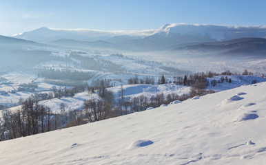 Fantastic morning mountain landscape. Overcast colorful sky. Carpathian, Ukraine, Europe.
