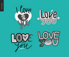 Obraz premium Set of contemporary girlie Love You letter logo. A set of vector patches, logo and letter composition. Vector stickers kit.