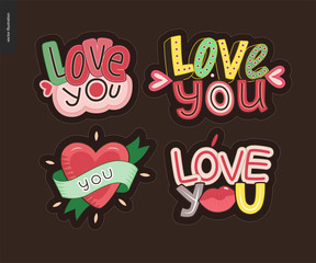 Fototapeta premium Set of contemporary girlie Love You letter logo. A set of vector patches, logo and letter composition. Vector stickers kit.
