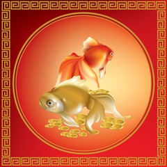 Various color goldfish on color and gold pattern backgound