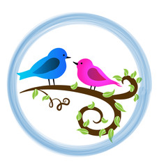 Loving birds on a branch, blue circular icon