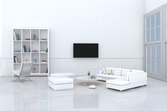 White living room decorated with white sofa,tree in glass vase, cream pillows, bookcase, chair, book, television, window, Cream carpet White cement wall it is pattern, white floor. 3d rendering.