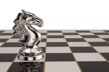 The steel knight chess piece on checkerboard.3D illustration.