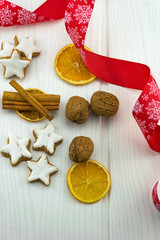 Christmas Arrangement on white wooden background