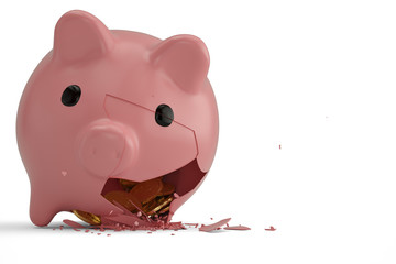 Broken piggy bank with dollar coins. 3D illustration.