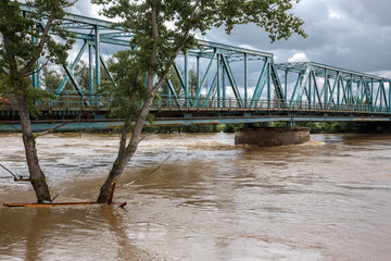 Flood water flooded fields and towns. Natural Catastrophe concept.