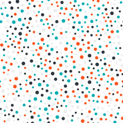 Colorful polka dots seamless pattern on black 17 background. Charming classic colorful polka dots textile pattern. Seamless scattered confetti fall chaotic decor. Abstract vector illustration.
