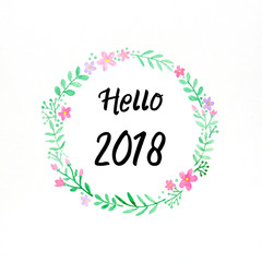 Happy new year 2018 on watercolor hand painting flowers wreath over white background, new year greeting card, banner