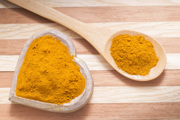 Turmeric powder with spoon on wood background (curcuma longa)