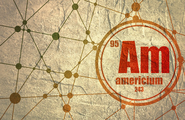 Americium chemical element. Sign with atomic number and atomic weight. Chemical element of periodic table. Molecule And Communication Background. Connected lines with dots.