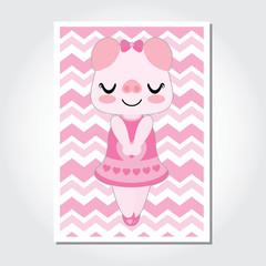 Cute pig girl on pink chevron background vector cartoon illustration for Happy Valentine card design, nursery wall, and postcard