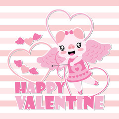 Cute pig as cupid with arrow vector cartoon illustration for Happy Valentine card design, postcard, and wallpaper