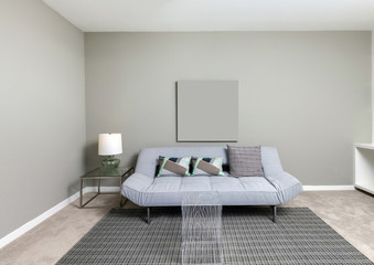 Fototapeta na wymiar Livingroom interior wall mock up with gray fabric sofa