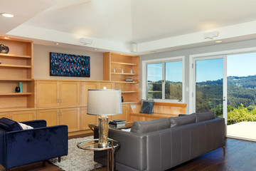 Living Room with amazing wooden build-in furniture, leather couch, loudspeaker, glass table and open french doors leading to outdoors.
