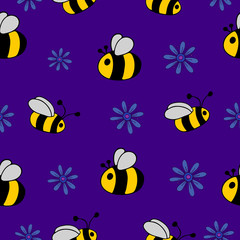 Seamless pattern with bees and flowers.