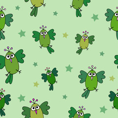 Seamless hand-drawn pattern with funny animation birds and stars.