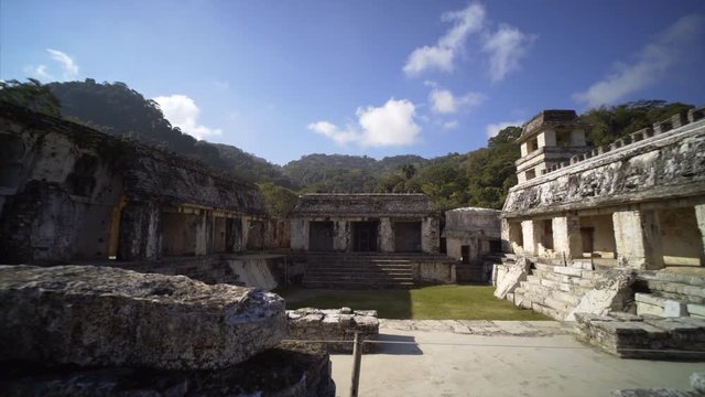 moving panoram cortyard in ruin complex,  Mayan ruins in Palenque, Chiapas, Mexico.