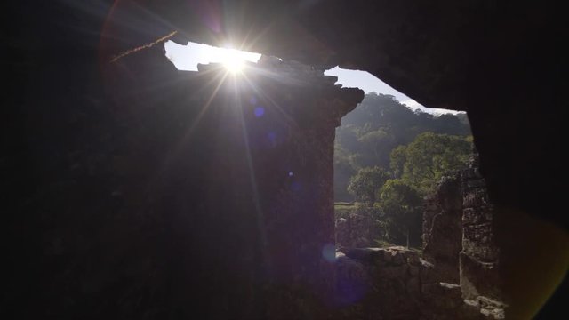 view through ruin,  Mayan ruins in Palenque, Chiapas, Mexico