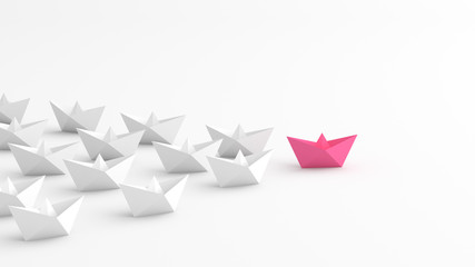 Woman leadership concept, pink leader boat with white boats, on white background. 3D Rendering.