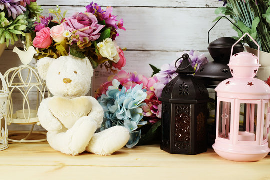 beautiful interior decoration teddey bear with different home related objects