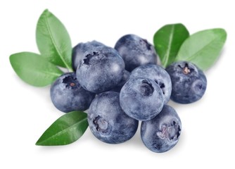 Blueberries with leaves on white background