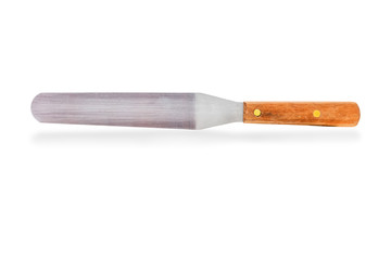 Metal spatula cake with wood handle, isolated on white background with clipping path.