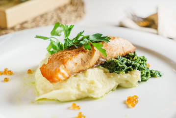 salmon steak with mashed potato