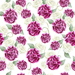 Beautiful watercolor pattern with flowers rose and peony. 