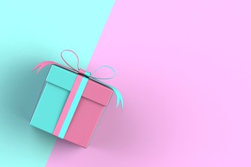 Christmas and New Year's Day, gift box isolated on pink and blue background, 3D rendering