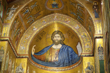 Obraz premium The wonderful cathedral of Monreale has been built in XII sec by the norman William II and it is famous for its gorgeous mosaics. In the central apse, the Pantokrator. 