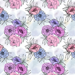 Floral seamless pattern with pink and blue poppies and grass in hand drawn sketh style. Romantic background on texture watercolor