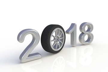 Obraz na płótnie Canvas New year 2018 with car's wheel, White year number isolated on white background, 3D rendering