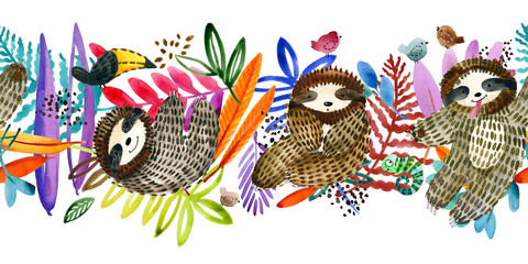 cartoon sloth seamless pattern. watercolor tropical plant illustration © Елена Фаенкова