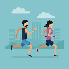 Fototapeta premium Couple running in the city icon vector illustration graphic design