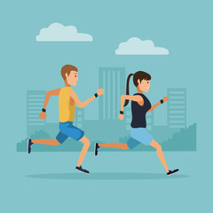 Couple running in the city icon vector illustration graphic design